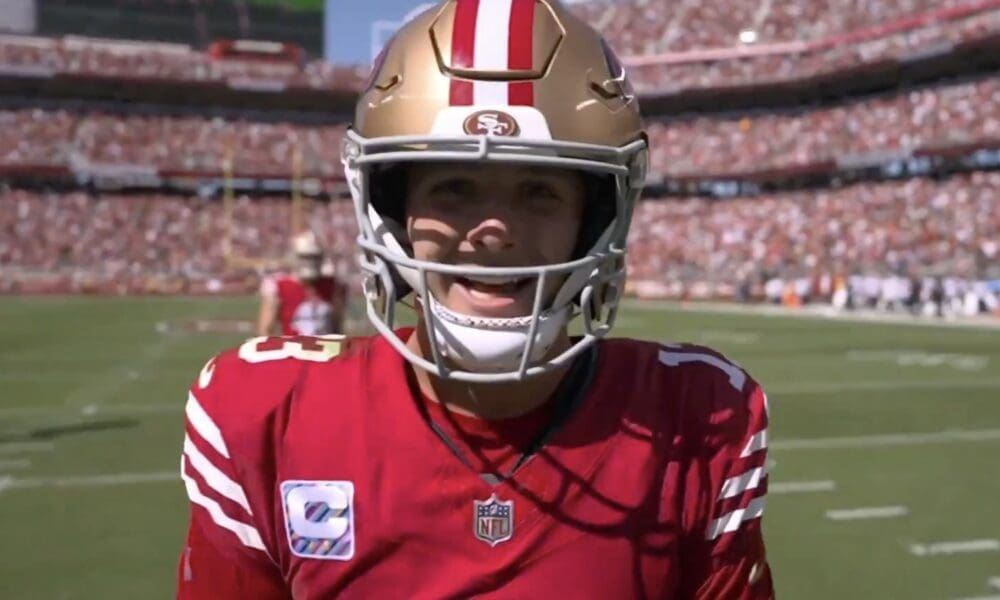 San Francisco 49ers QB Brock Purdy celebrates during their win in Week 4 of the 2024 NFL season over the New England Patriots